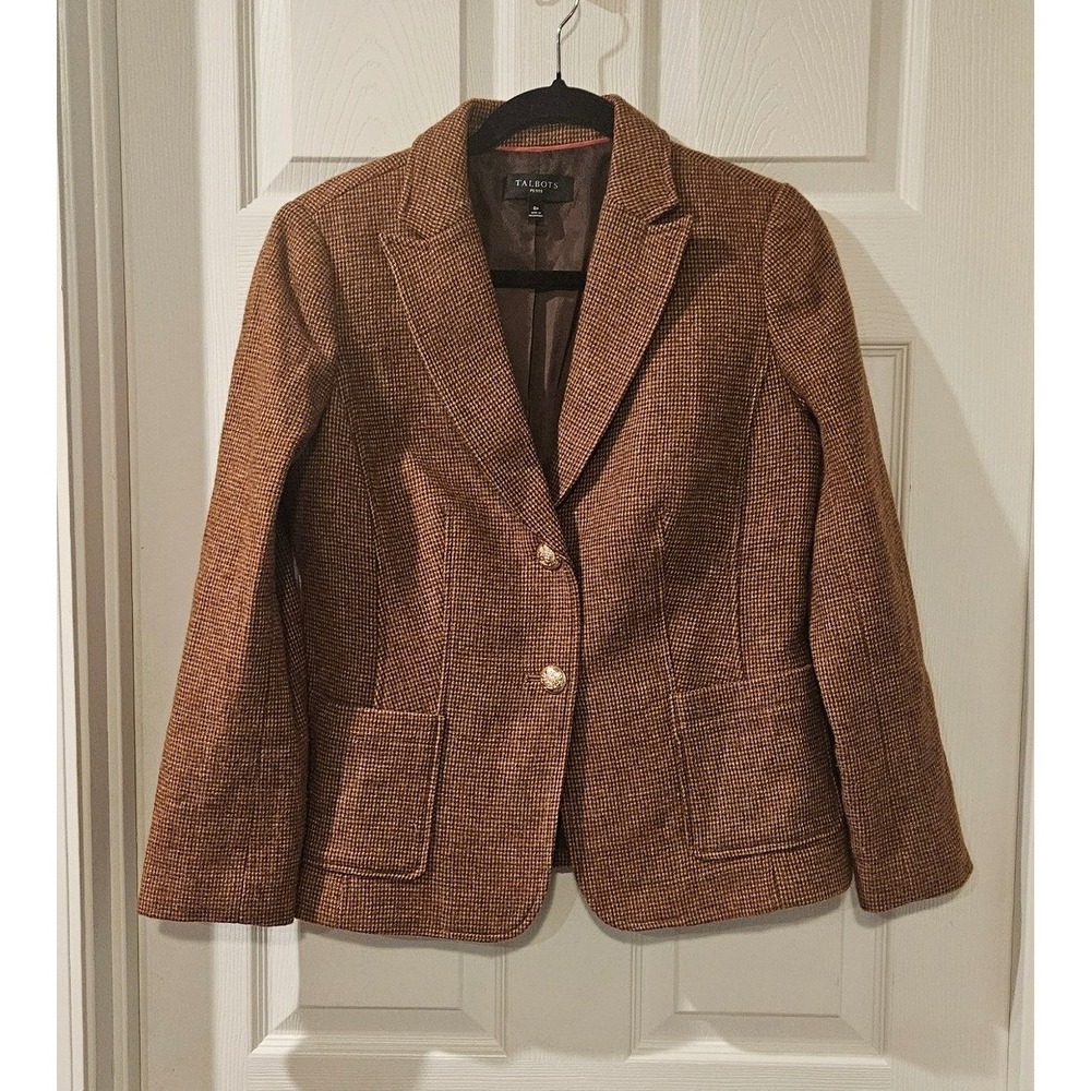 Talbots Petite Blazer 8P Bronze Houndstooth Gold Button Career Jacket 2022 - Picture 2 of 7